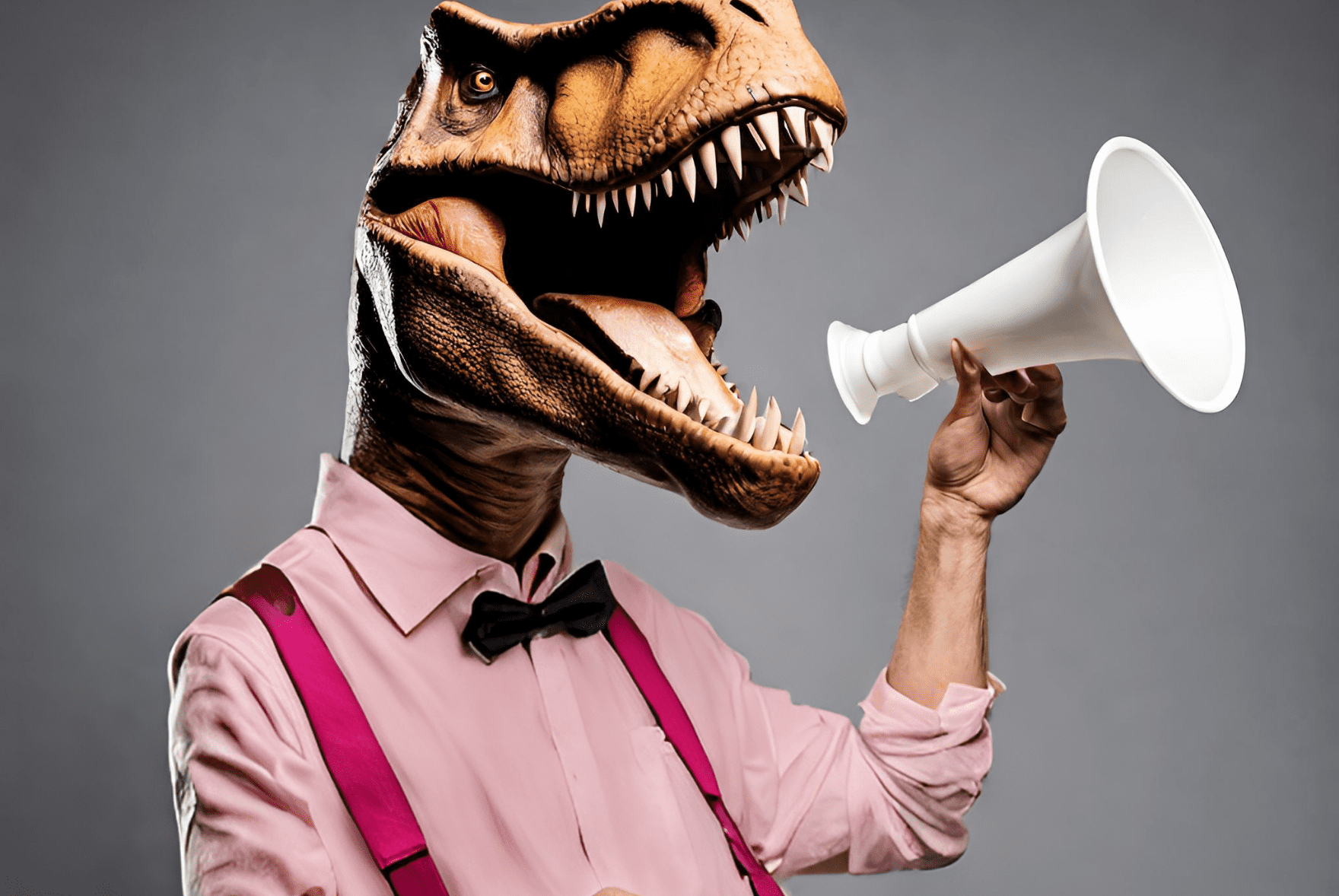dinosaur with megaphone wearing suspenders
