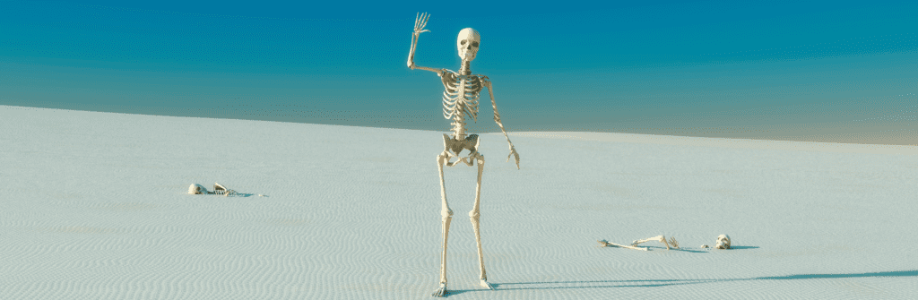 skeleton on a beach waving