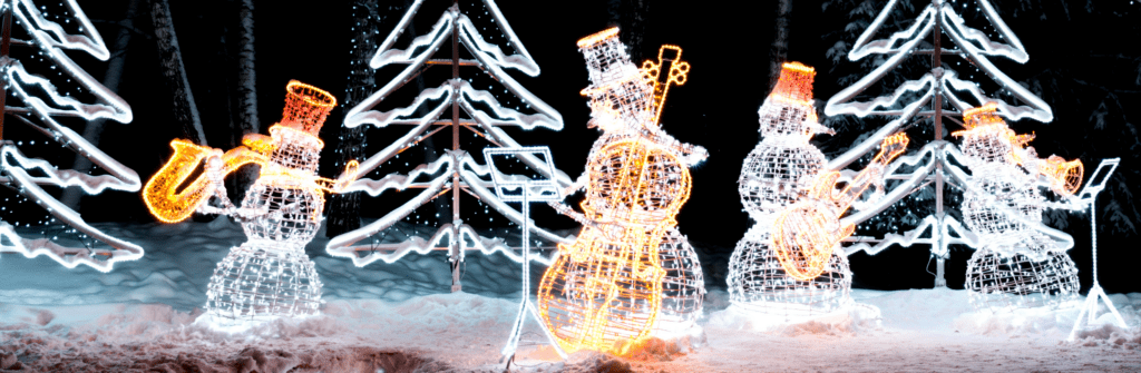 decorations of christmas trees and snowmen