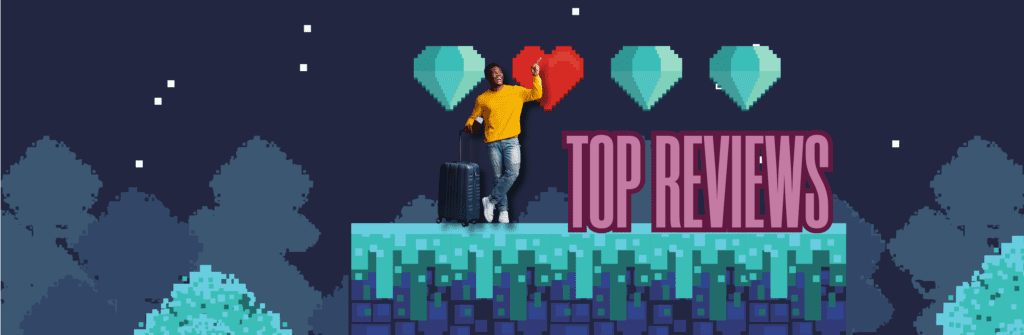 man in a video game world pointing to a floating heart