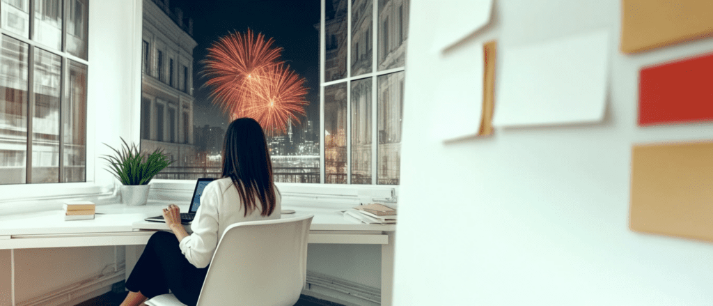 woman at her desk looking out of the window at fireworks