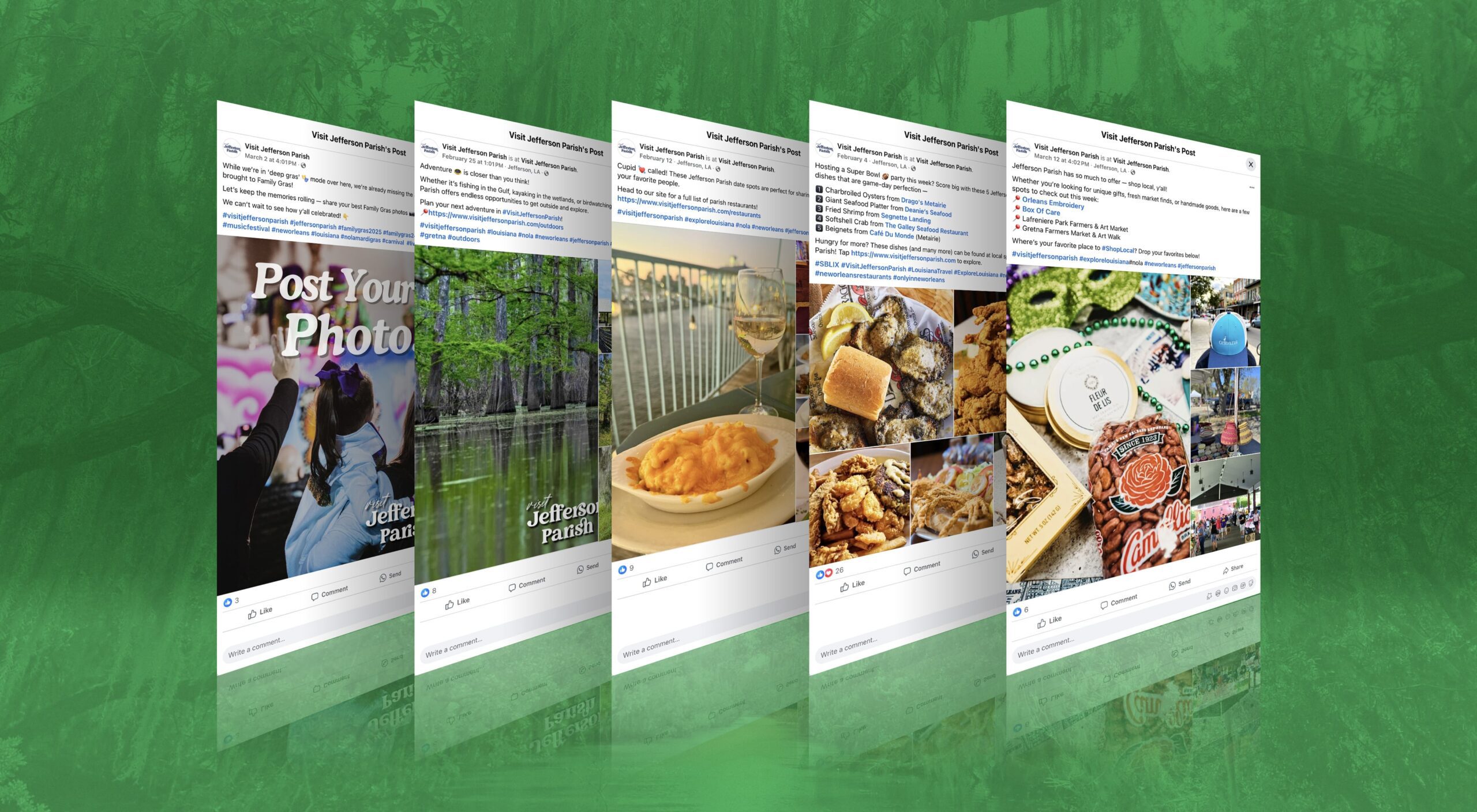 "Visit Jefferson Parish" social media post mockups