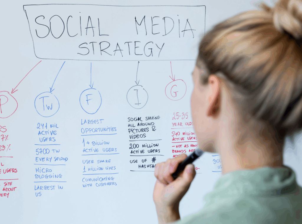 woman looks at marketing chart on whiteboard