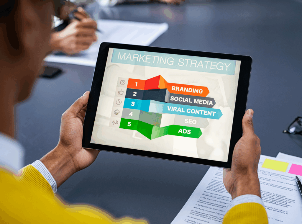 man holds graph in tablet in hand