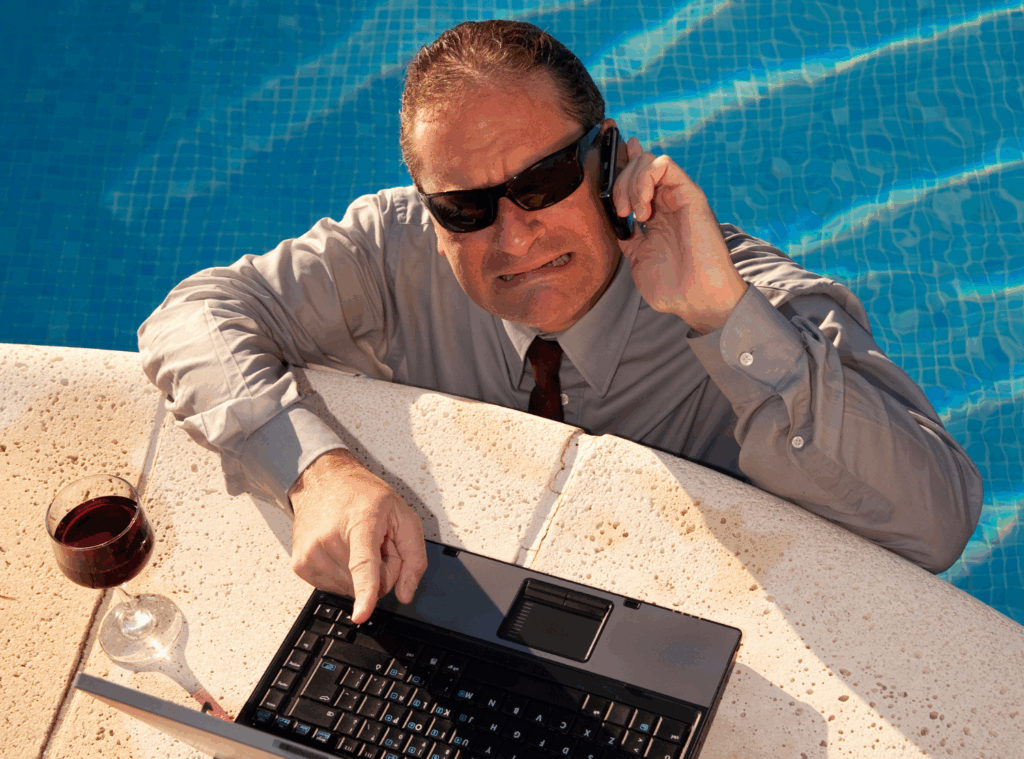stressed man on phone in a pool