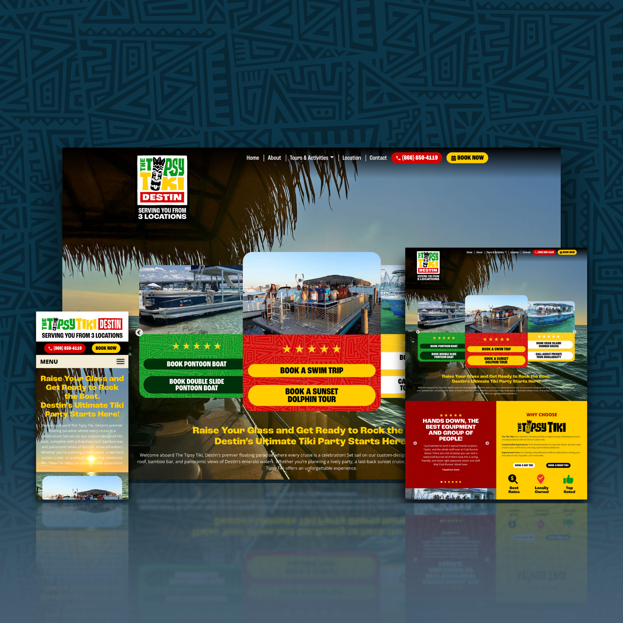 Mobile-friendly tiki boat website design for Tipsy Tiki Destin