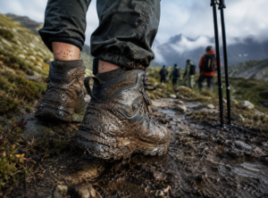 Muddy hiking boots on a rugged trail after a guided adventure show a traveler actively participating in the experience