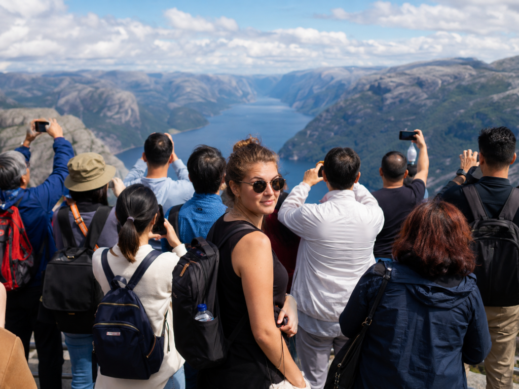 Crowd of tourists photograph the same scenic overlook while one traveler faces the camera