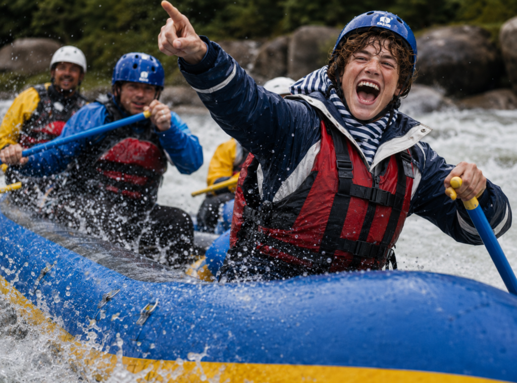 Teenager in nautical gear laughs and points from a whitewater raft while roleplaying as the captain of the adventure