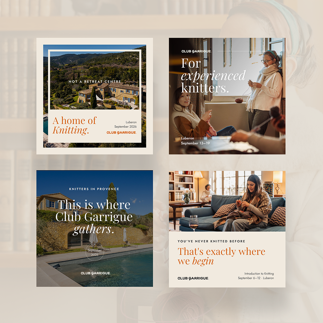 Club Garrigue visual identity with warm orange and earthy brand elements for craft travel.