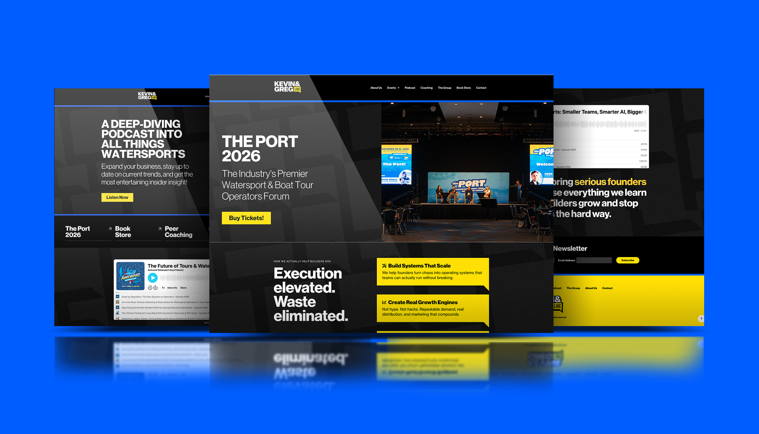 Kevin & Greg Live brand and website design featuring the podcast, The Port, coaching, and operator resources.